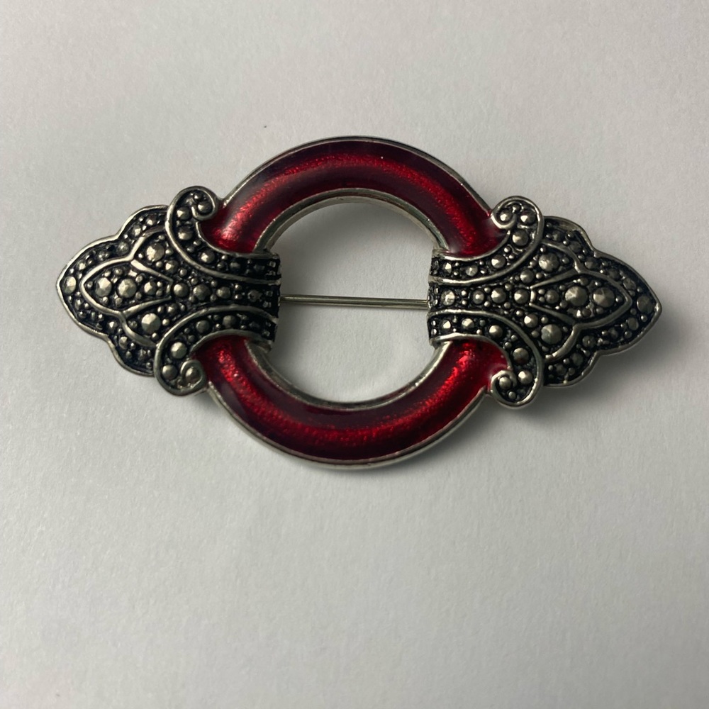 Classy Silver Tone w Deep Red Enamel & Simulated Marcasite Bar Pin Brooch